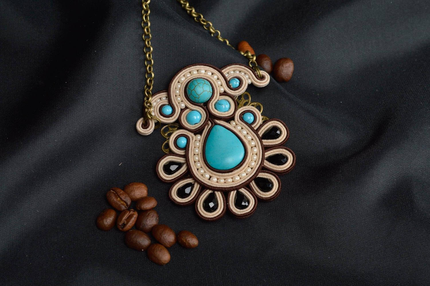 Handmade soutache pendant beaded accessory on chain cute stylish jewelry photo 1