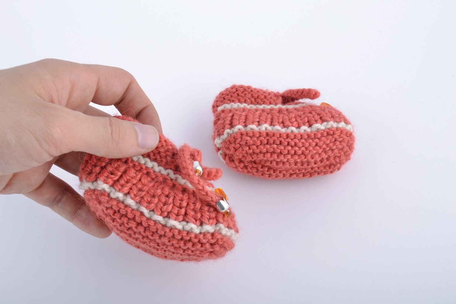 Handmade dark pink warm and soft baby booties knitted of wool for little girl photo 5