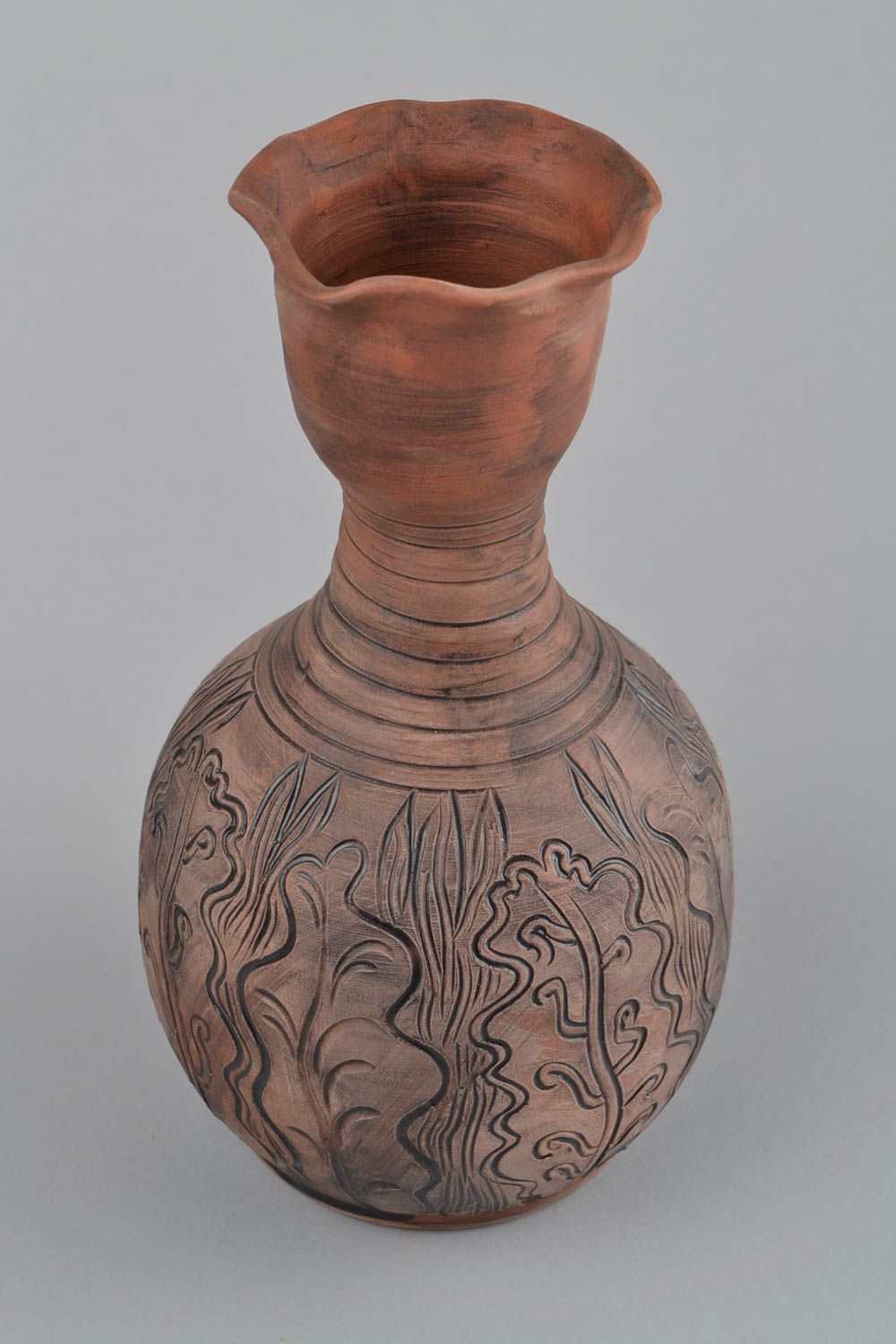 Глиняная ваза для цветов с глазурью коричневая оригинальная ручной работы фото 5