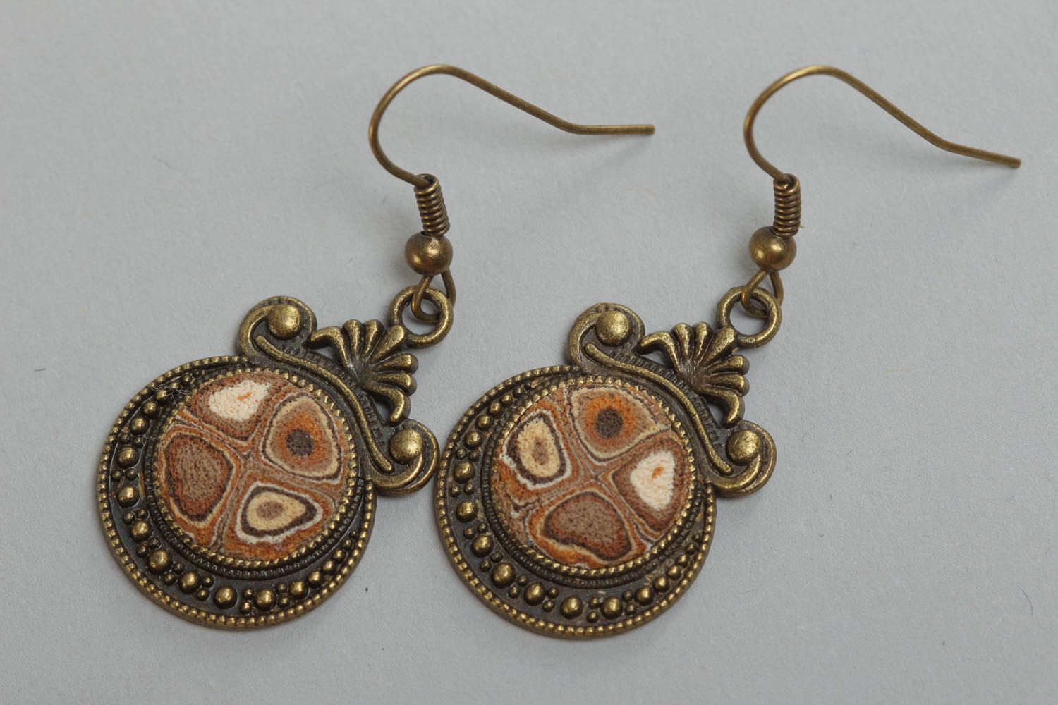Beautiful unusual brown handmade polymer clay long earrings photo 2