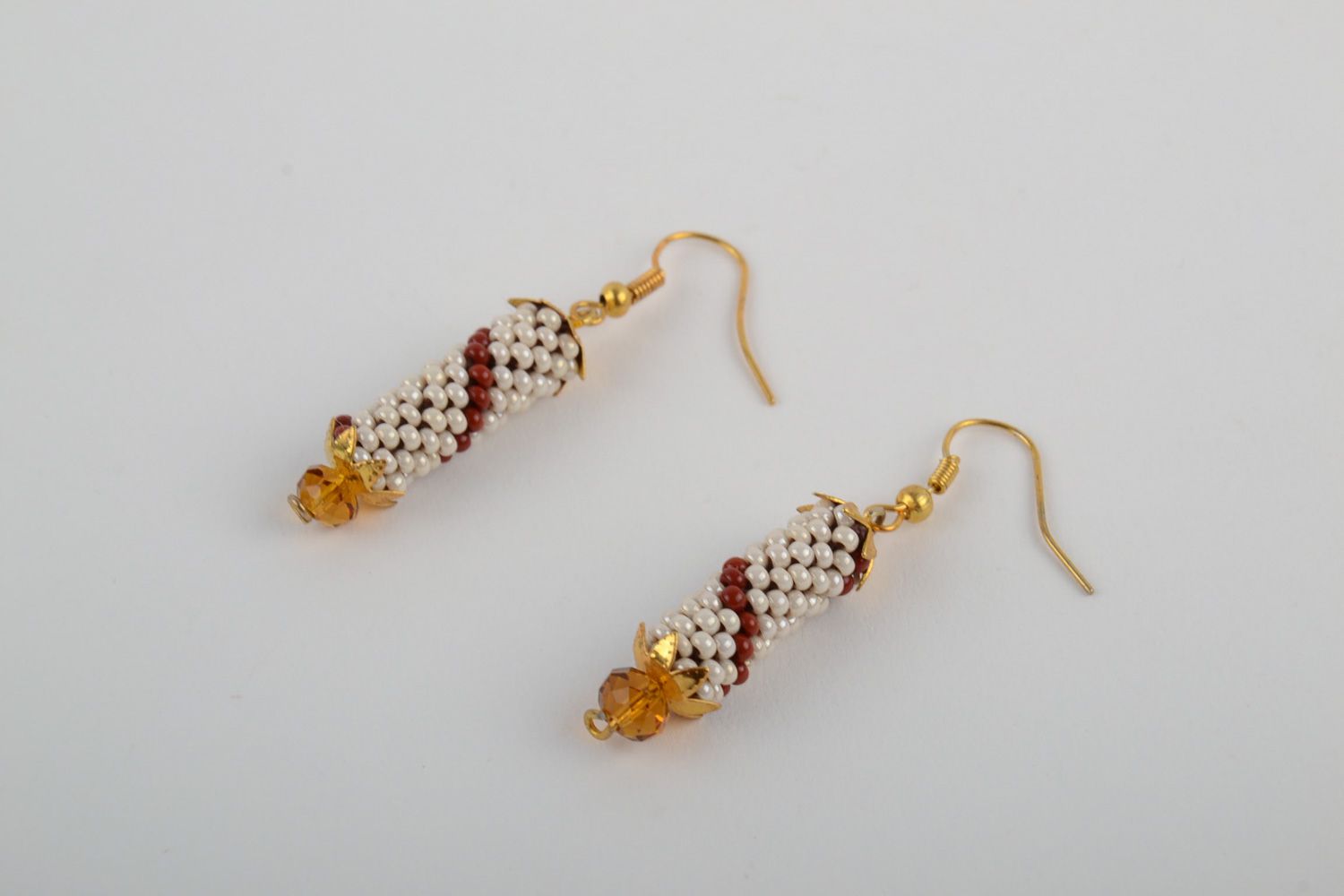 Cute handmade beaded dangle earrings in light color palette  photo 3
