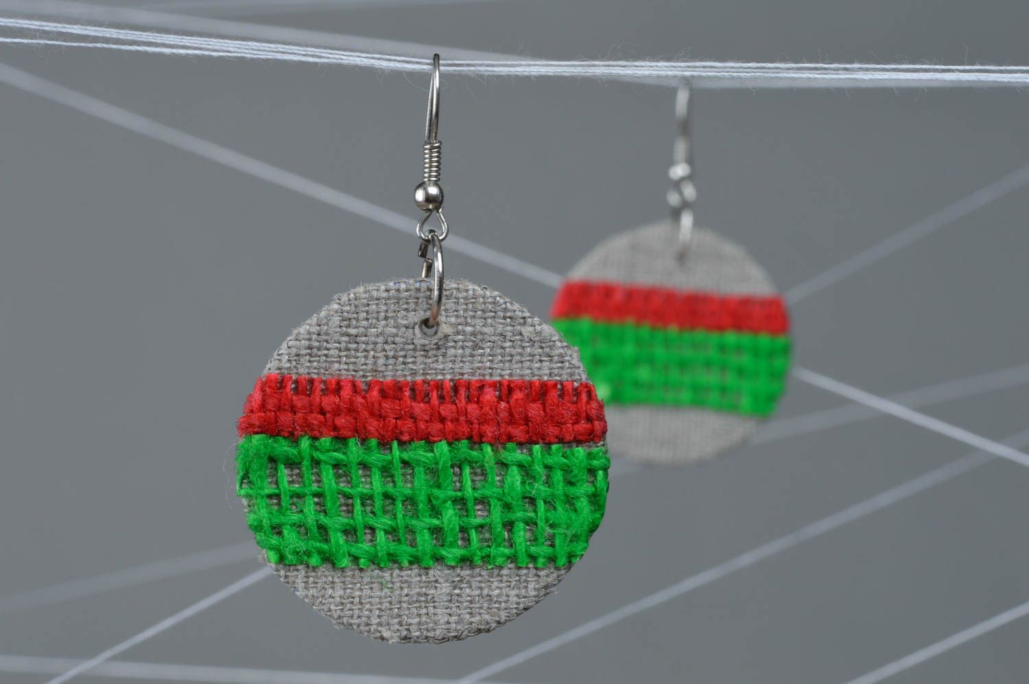 Handmade designer linen fabric dangling round earrings with carton basis photo 1