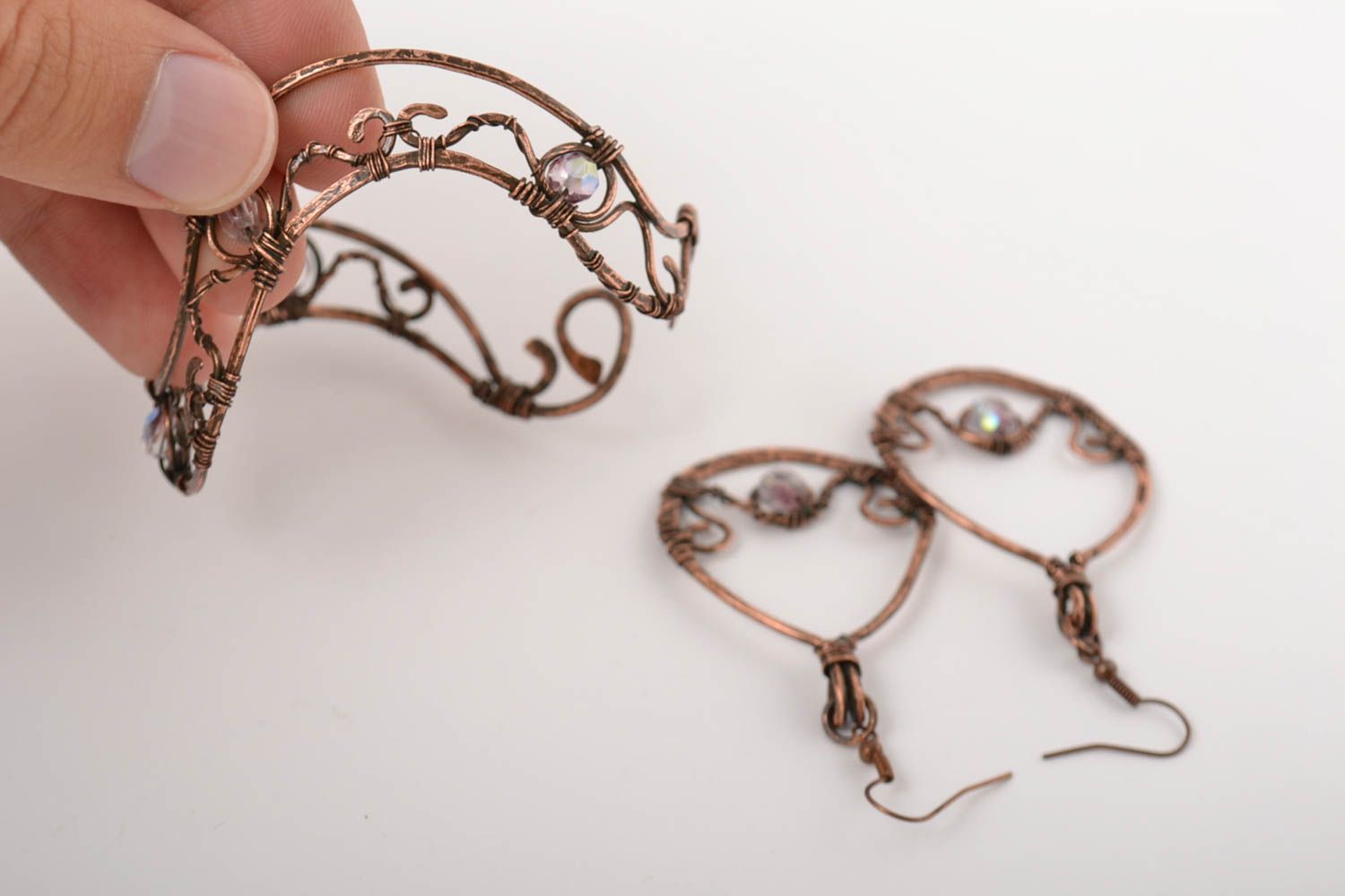 Handmade accessory copper jewelry unusual bracelet long earrings gift ideas photo 5