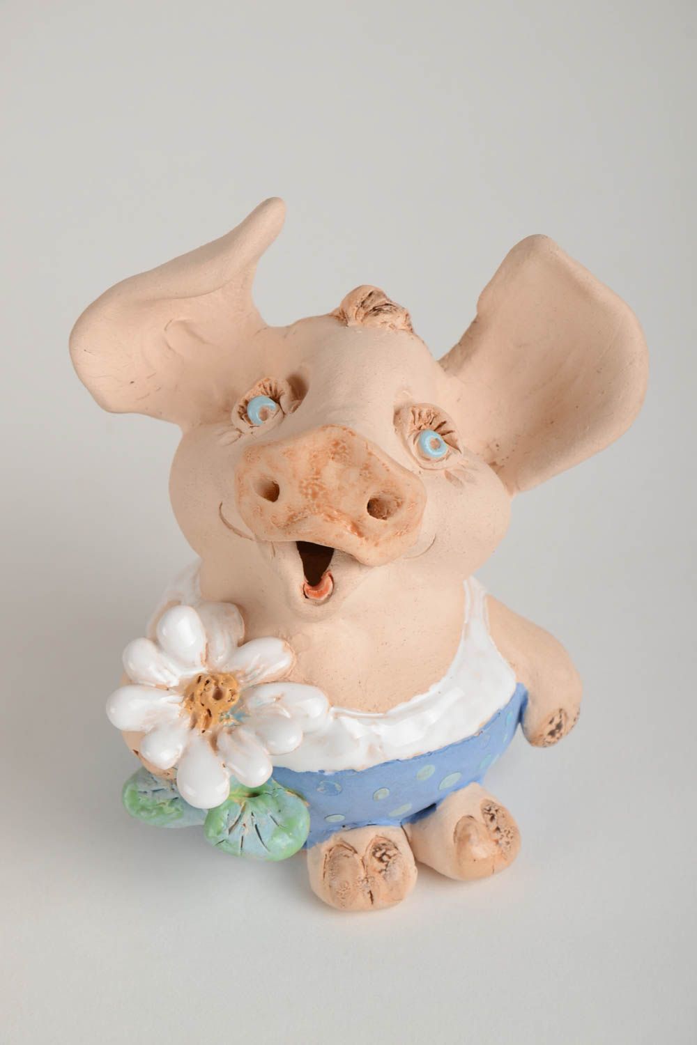 Small handmade collectible clay statuette painted with enamels Pig photo 2