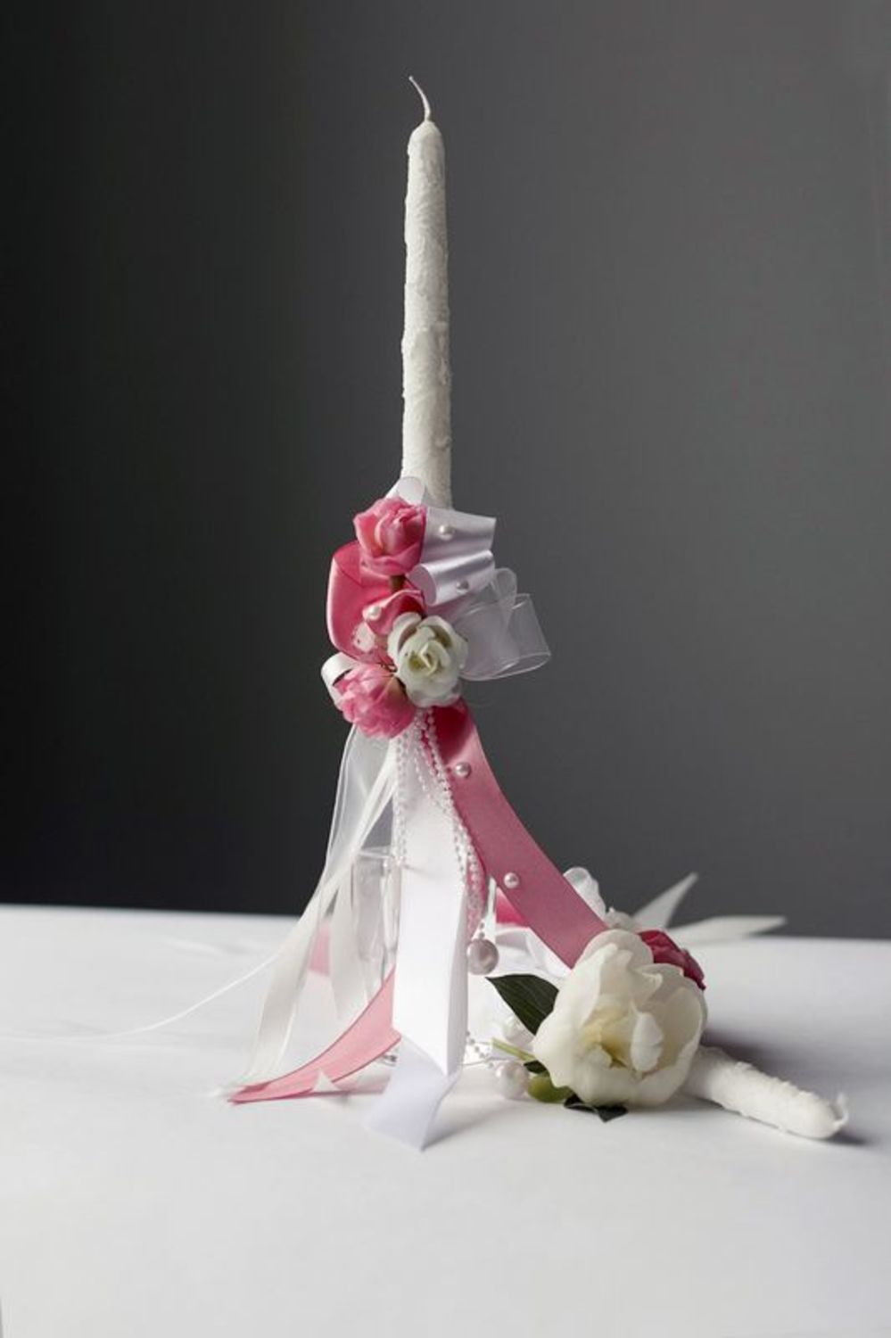 Wedding candle with pink ribbons photo 4