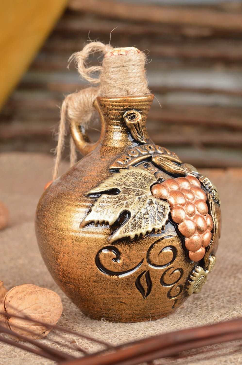 Ceramic unusual handmade bottle for wine with cork decorated with stucco photo 1