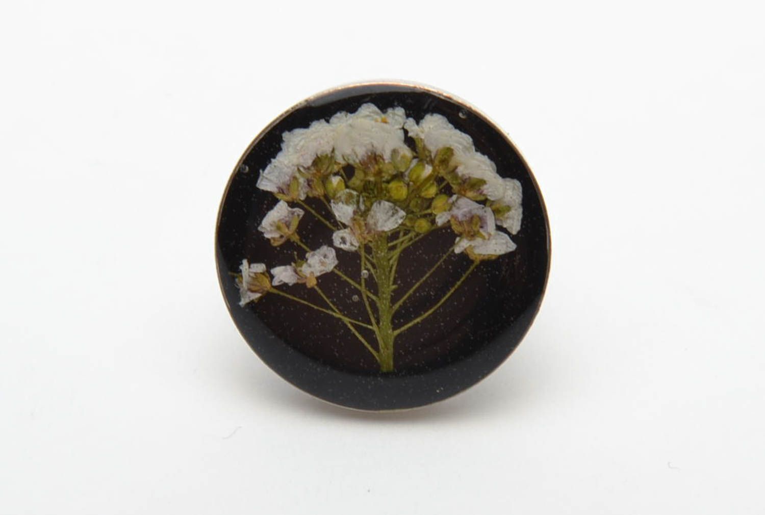 Black ring with natural flower in epoxy resin photo 5