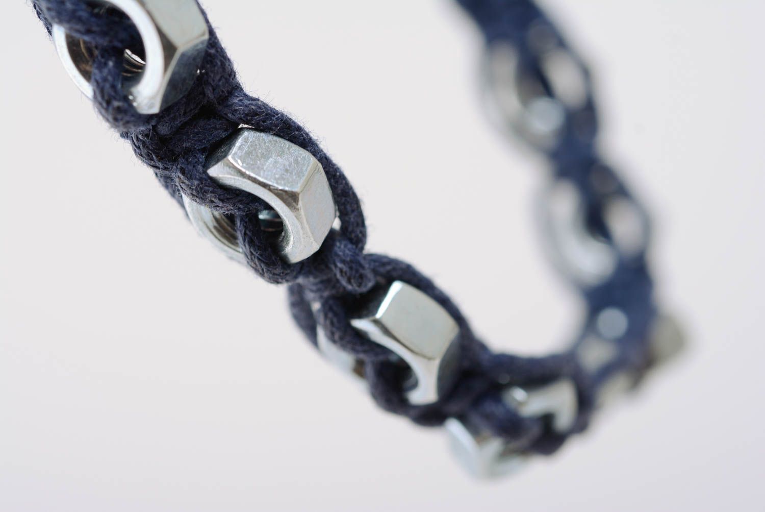 Handmade macrame bracelet made of cord and screw-nuts designer blue jewelry photo 4
