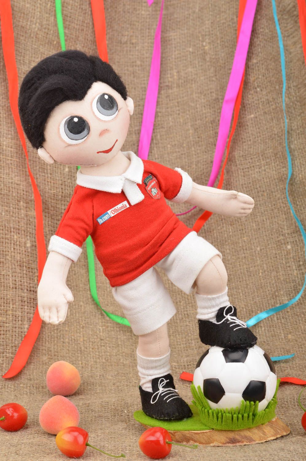 Handmade soft doll for interior made of cotton with painting Football player photo 1