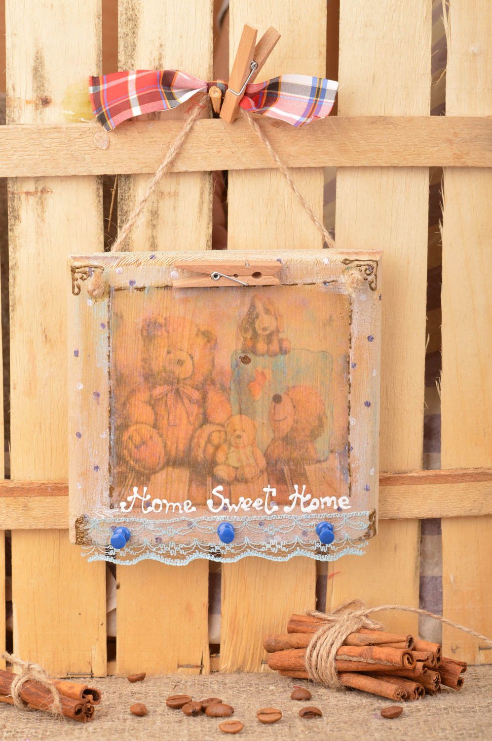 Porte-clés mural en bois carré décoratif fait main avec oursons Home sweet home photo 1