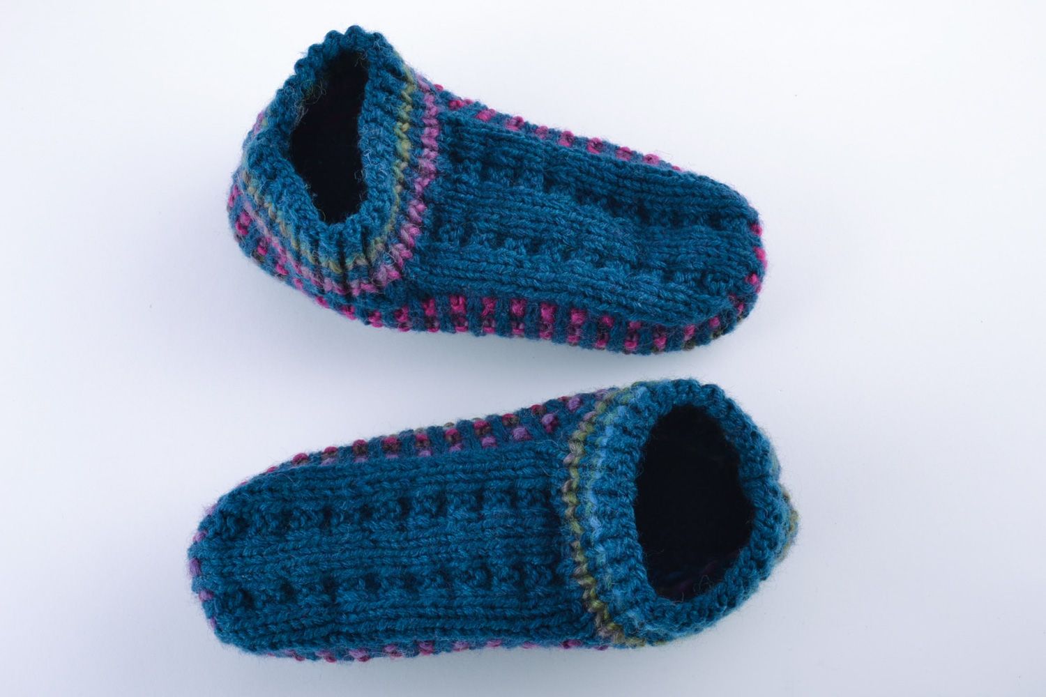 Beautiful cozy handmade knitted semi-woolen slippers of blue color for women  photo 3