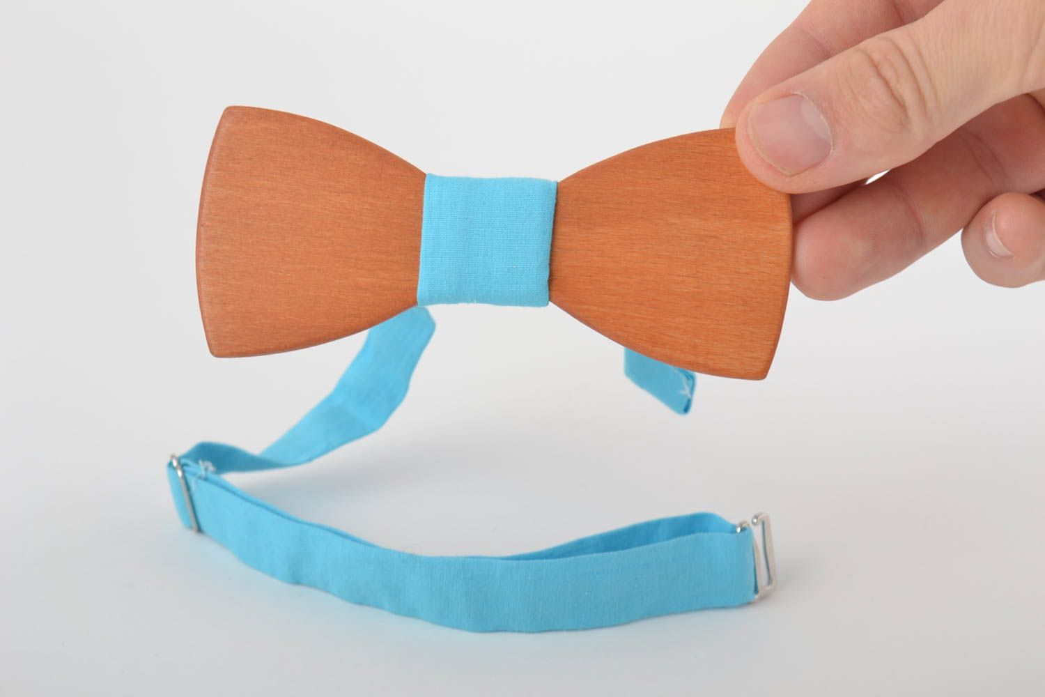 Handmade designer wooden bow tie with light blue fabric strap photo 4