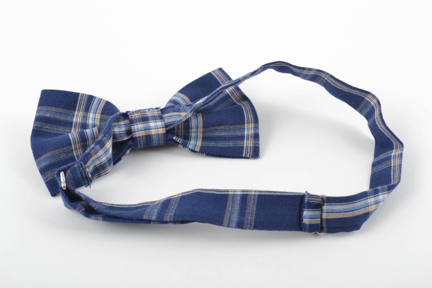 Beautiful blue checkered fabric bow tie with adjustable strap hand made photo 3
