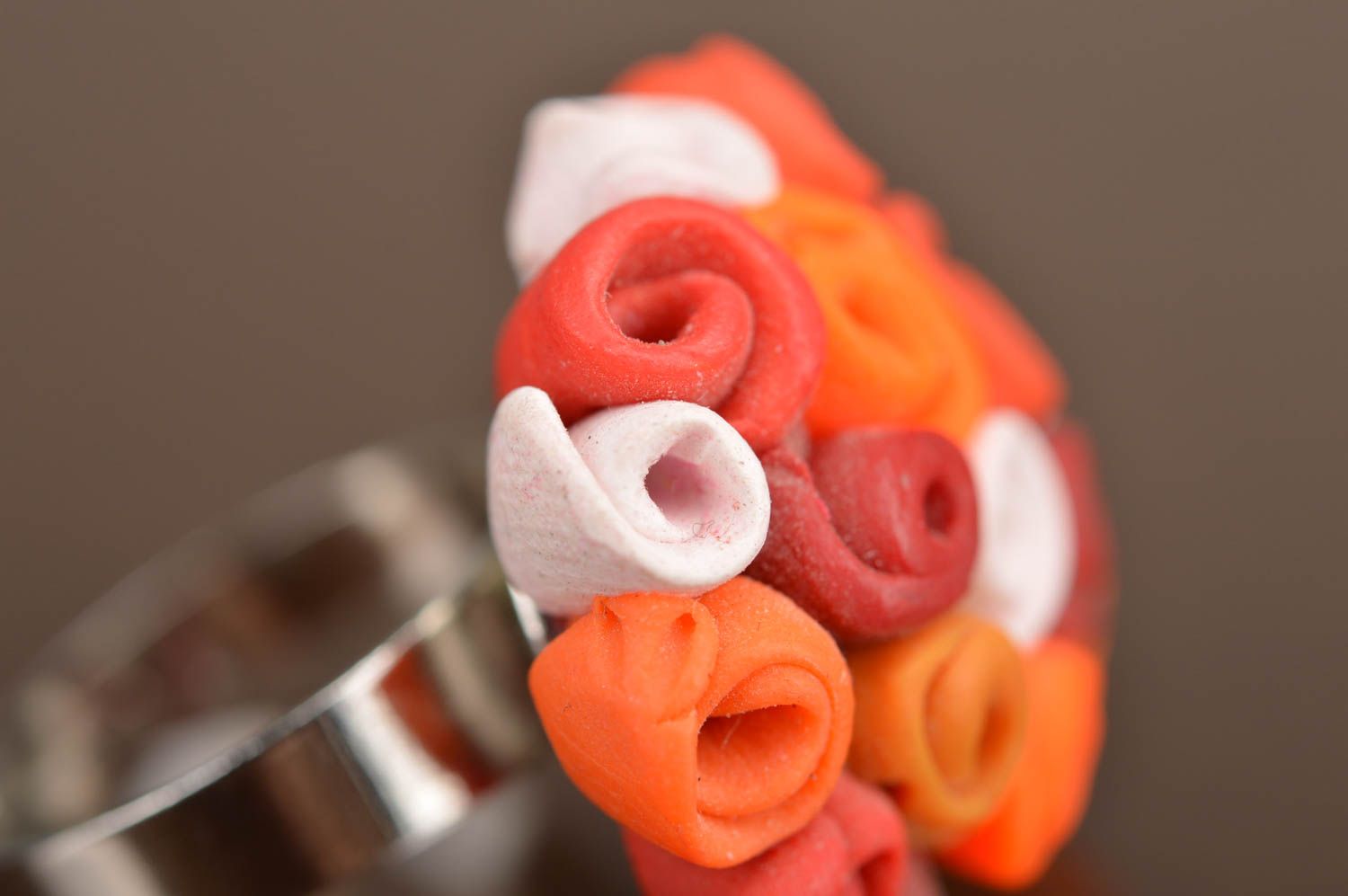 Handmade unusual ring made of polymer clay in form of bouquet of orange roses photo 4