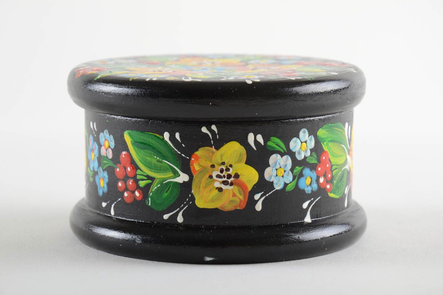 Beautiful bright handmade round wooden box with acrylic painting for decor photo 2