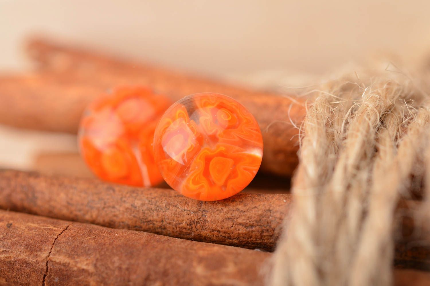Small designer handmade millefiori glass round stud earrings of orange color photo 1