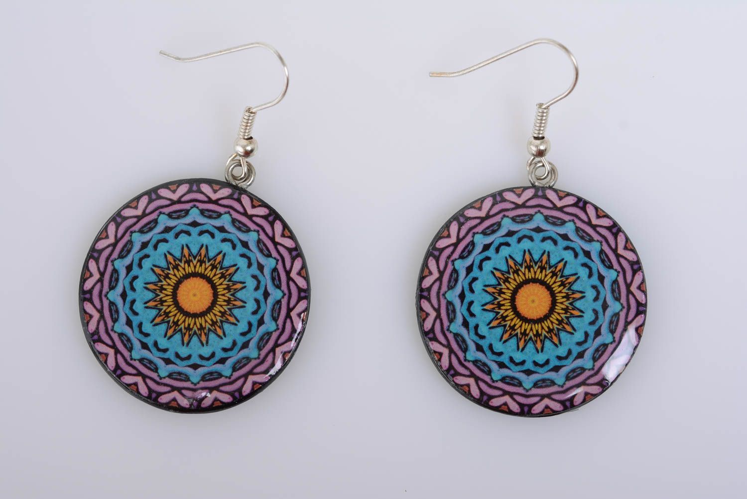 Round polymer clay handmade earrings ornamented using decoupage technique photo 5