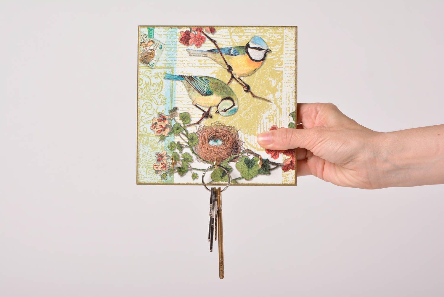 Square wall handmade key holder made of MDF with decoupage home decor ideas photo 1