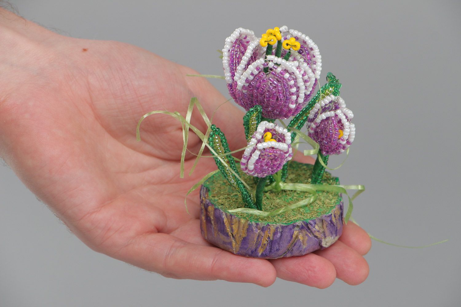 Round holder with hand woven beaded flowers in the shape of crocuses photo 5