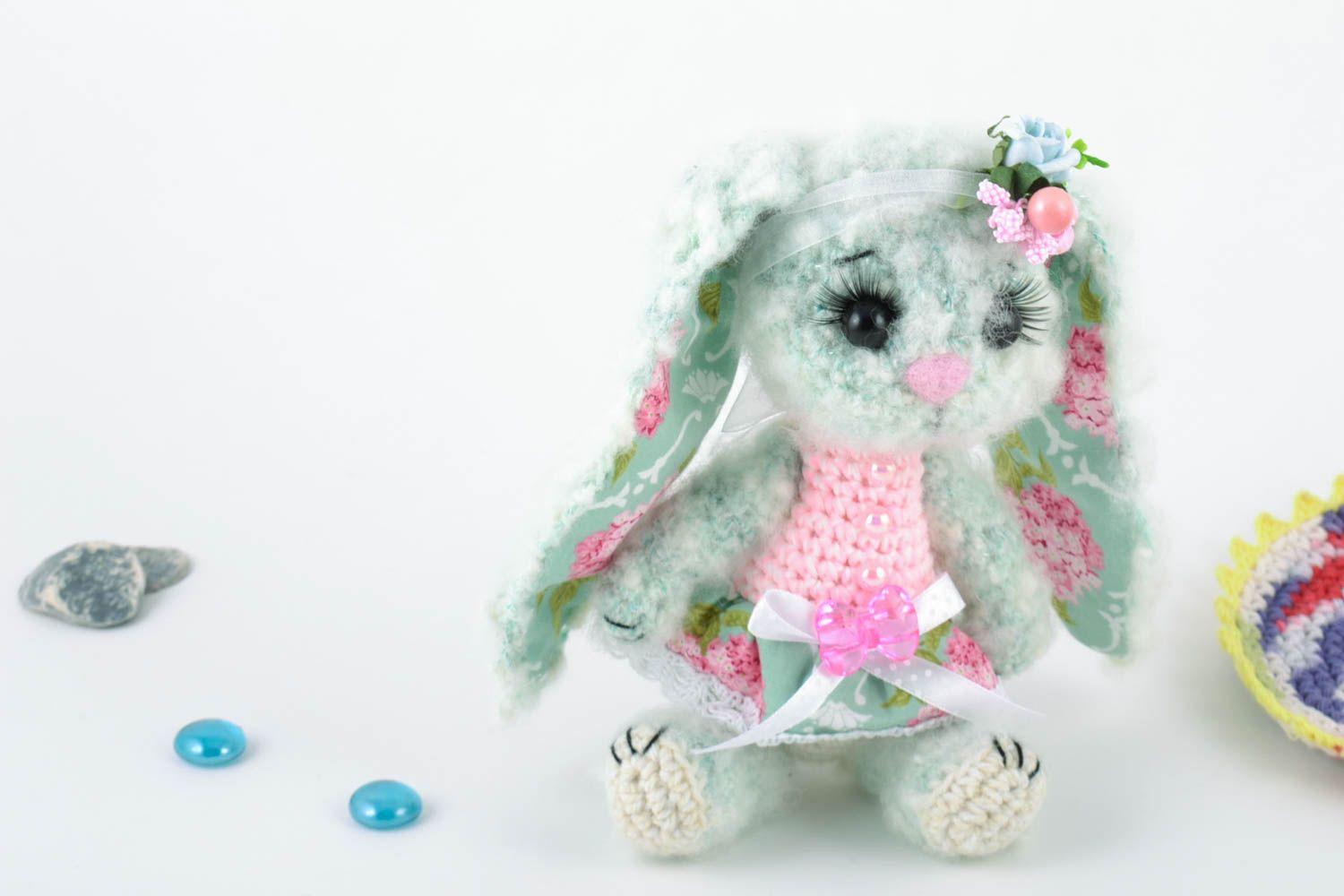 Colorful handmade soft crochet toy hare in dress for gift photo 1