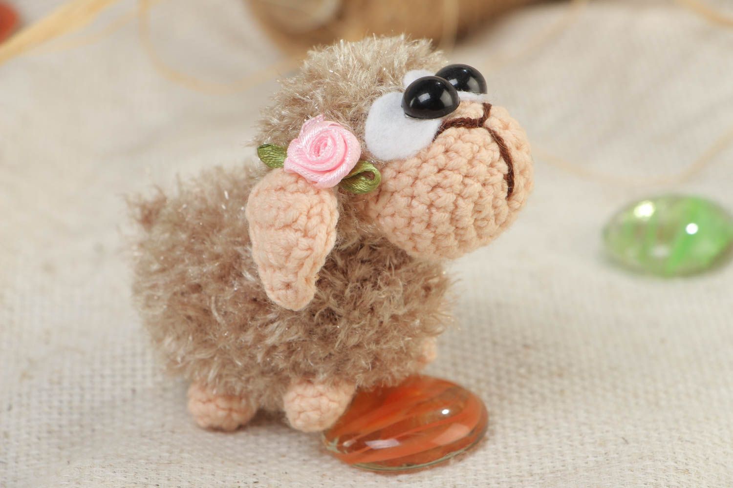 Handmade small soft toy crocheted of acrylic threads beige lamb for children photo 1