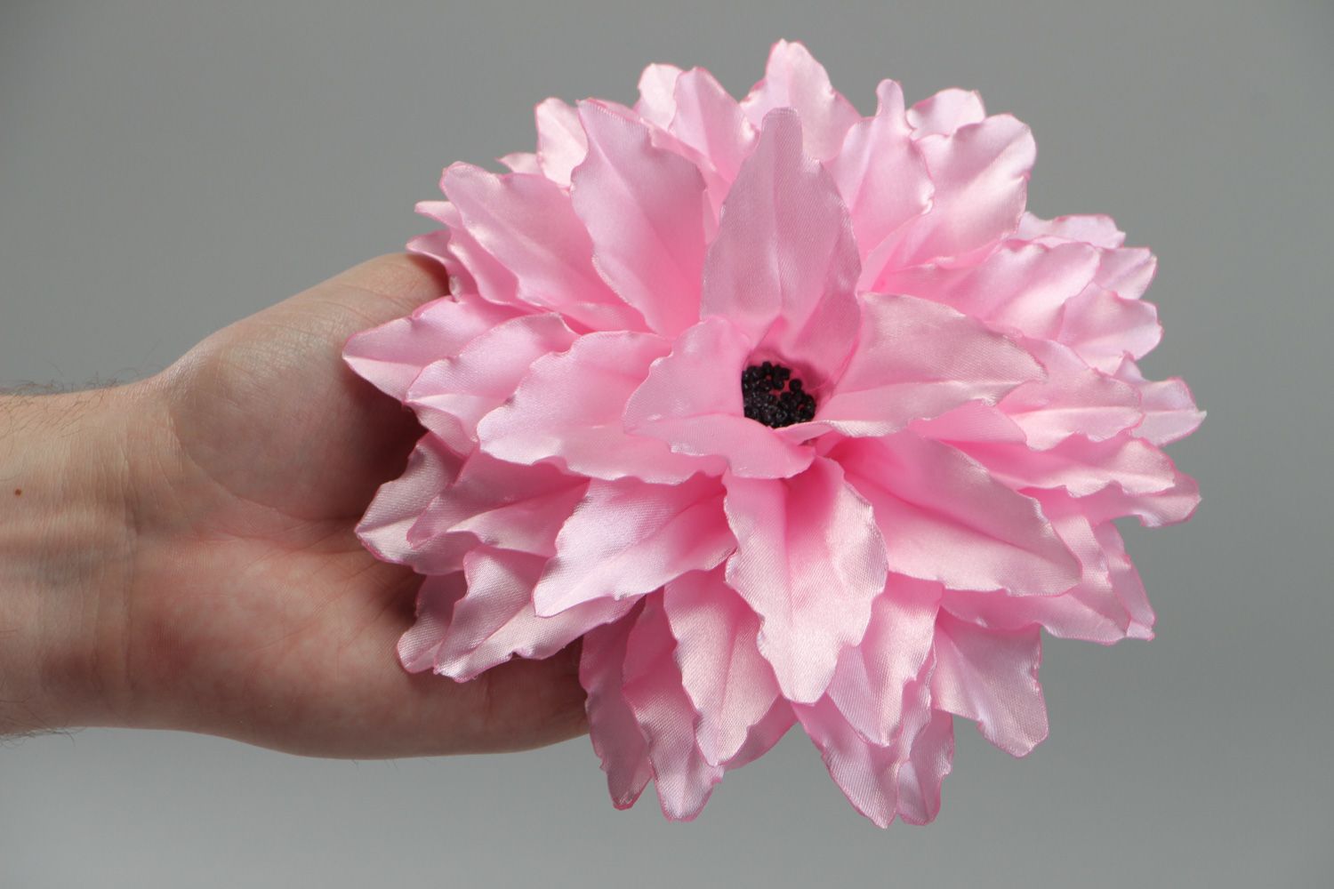 Large handmade hair clip made of satin fabric in the shape of pink flower photo 4