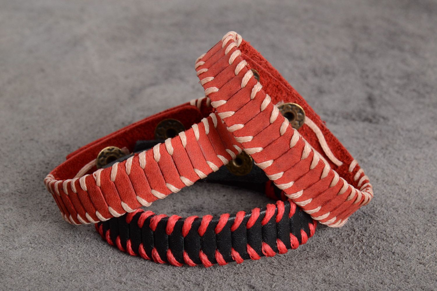 Set of unusual handmade genuine leather wrist bracelets 3 items photo 1