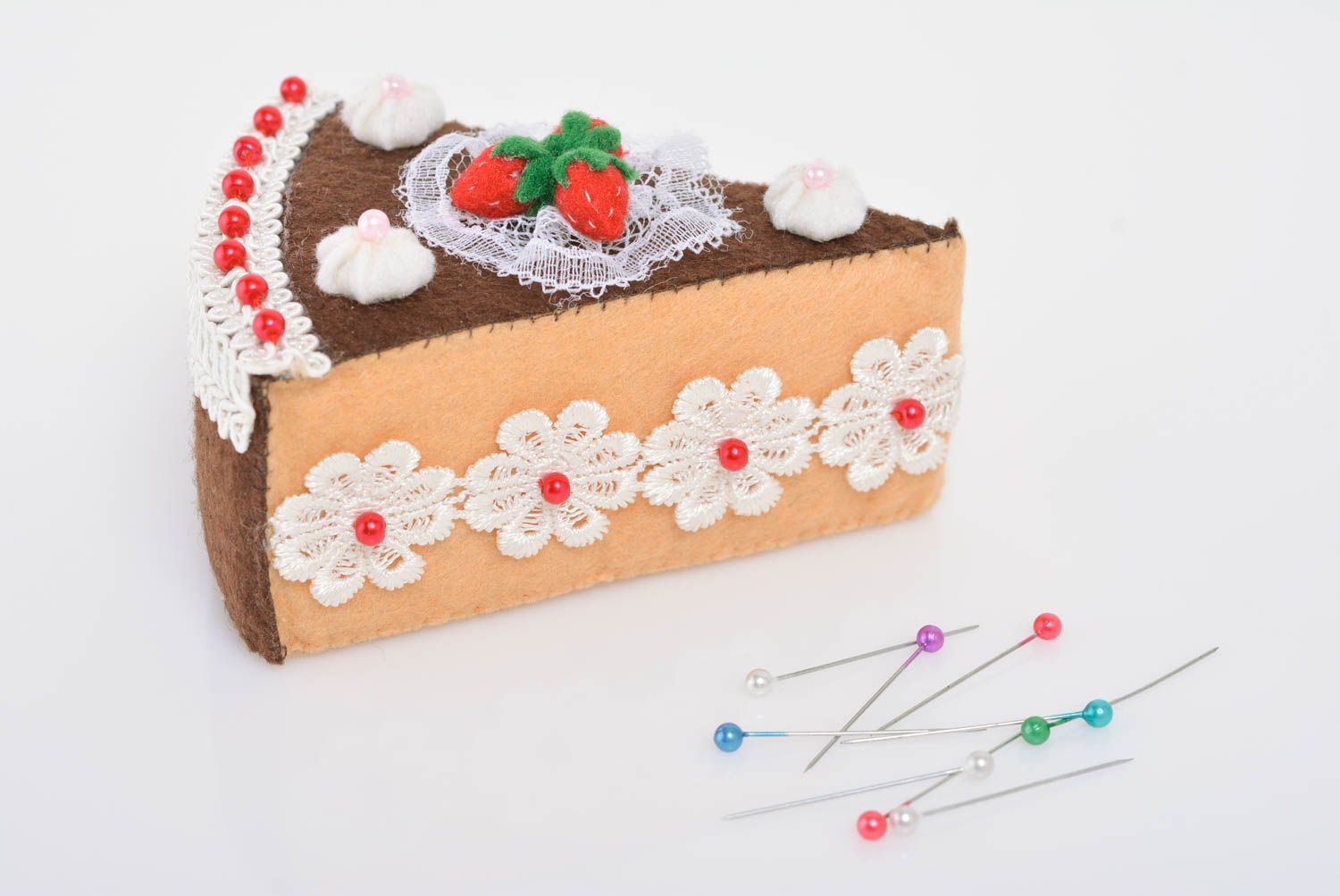 Handmade decorative designer pincushion sewn of felt and satin Chocolate Cake photo 1