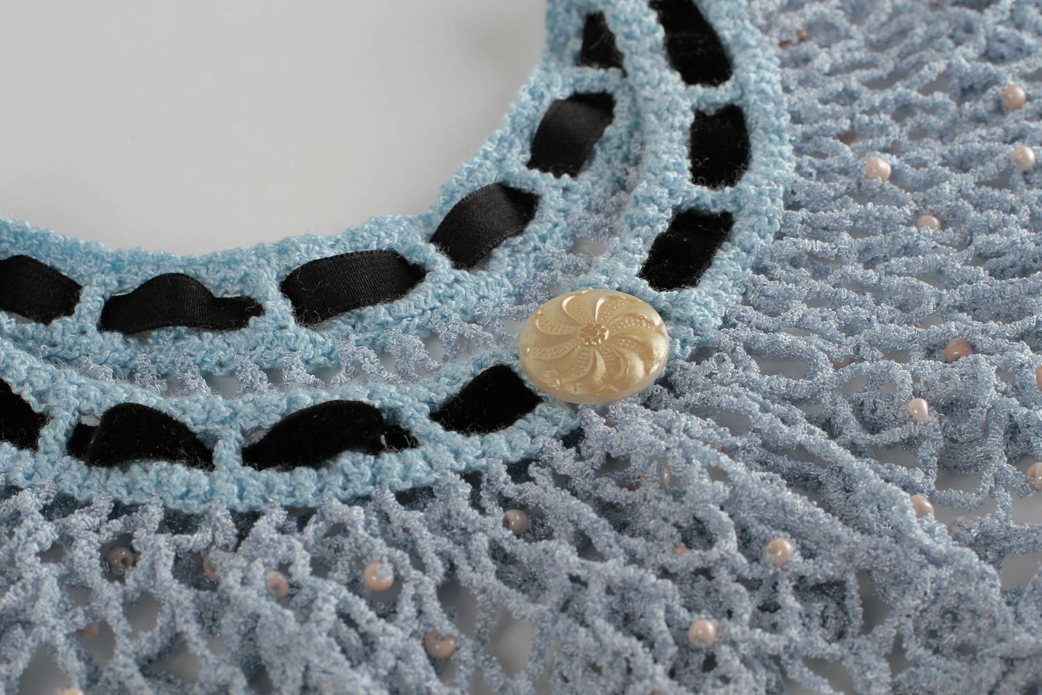 Колье ручной работы текстильное колье воротник из бисера голубой нарядный фото 5