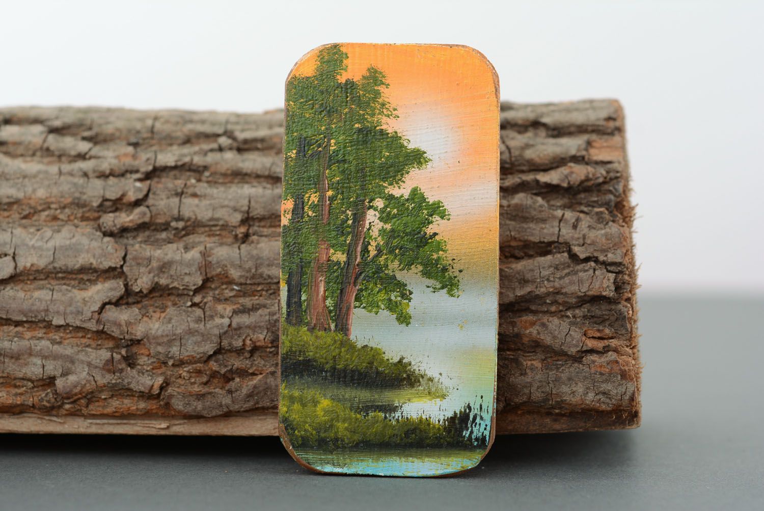 Aimant frigo en bois avec peinture paysage Soir chaud de créateur fait main photo 1