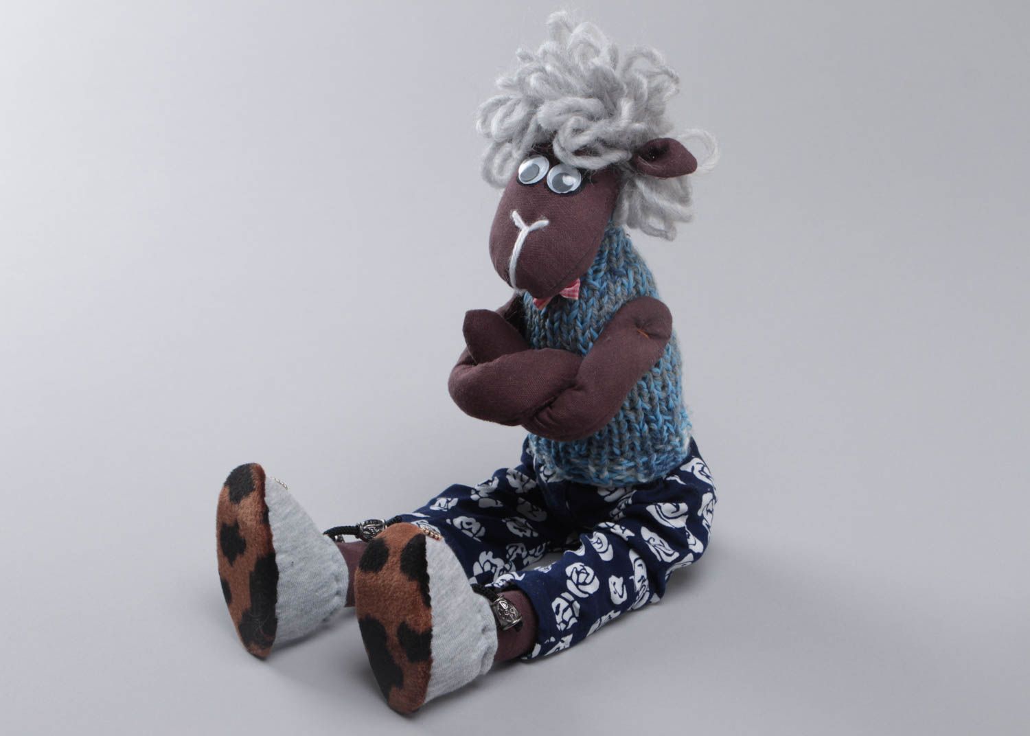 Handmade designer cotton and jersey soft toy lamb in knit vest with bow tie  photo 2