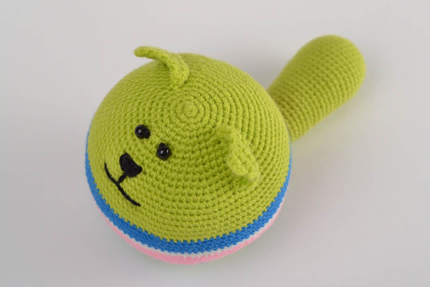 Handmade anti-stress soft toy crocheted of acrylic threads ball shaped green cat photo 3