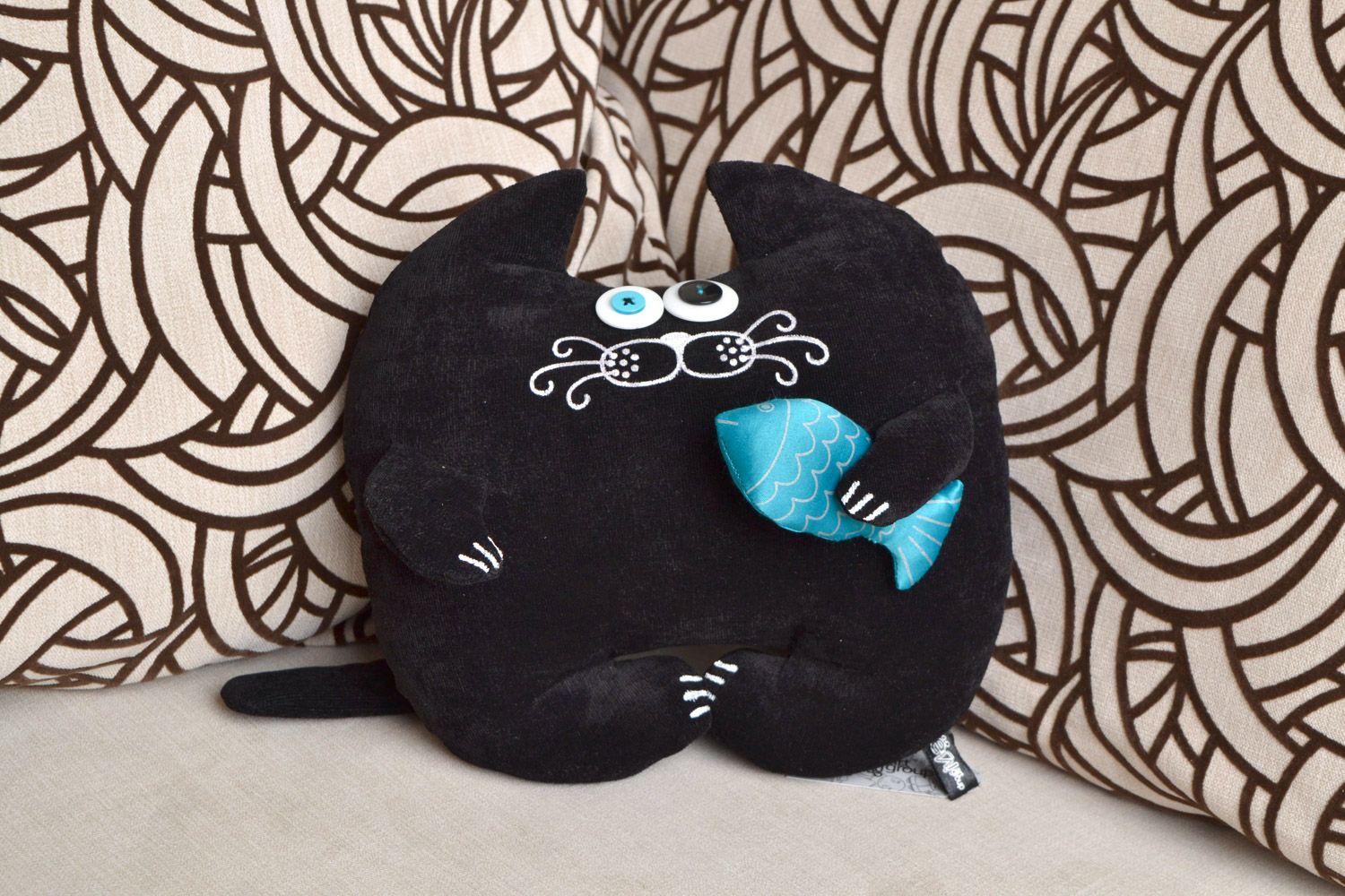 Handmade interior toy cushion in the form of black cat with fish made of flock photo 1