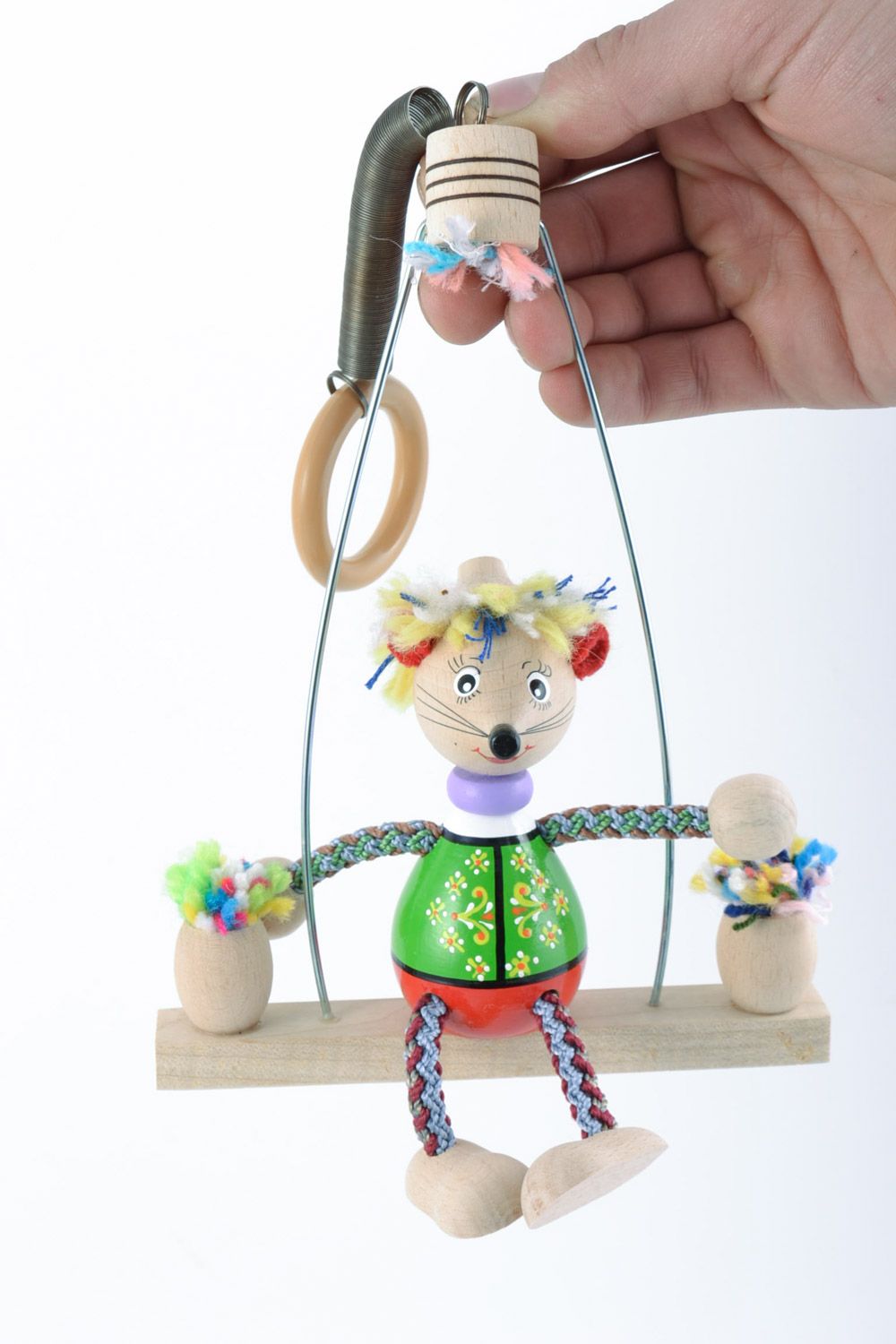 Eco friendly handmade wooden toy mouse on swing with bright painting present for child photo 1