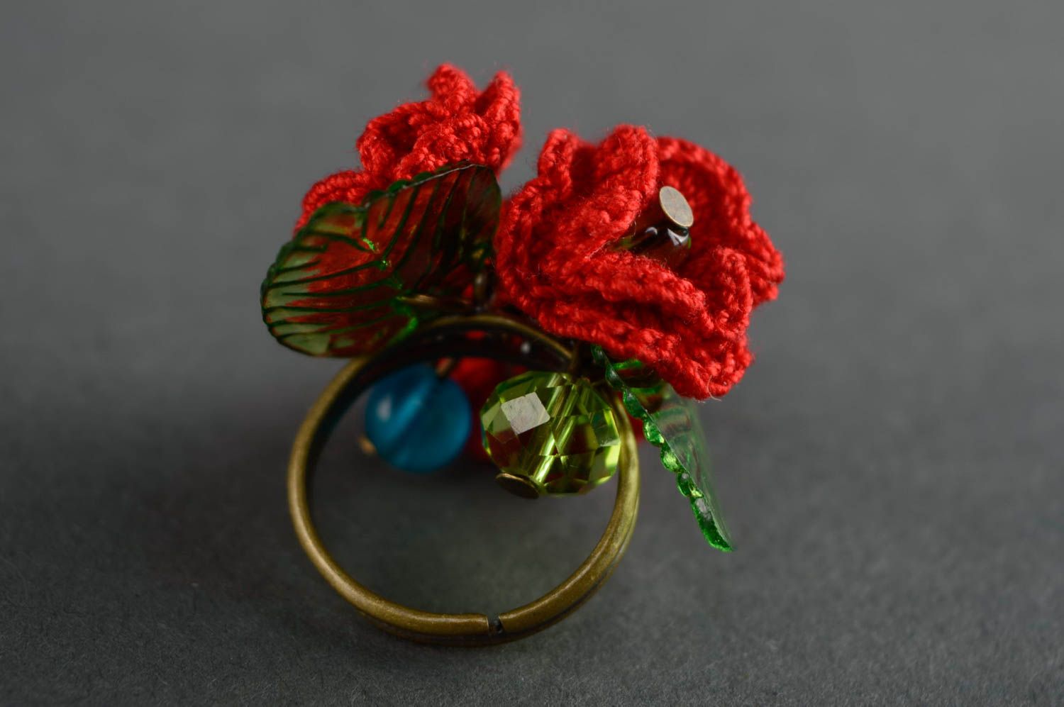 Bague tricotée au crochet rouge faite main fleurs Coquelicots pour femme photo 3