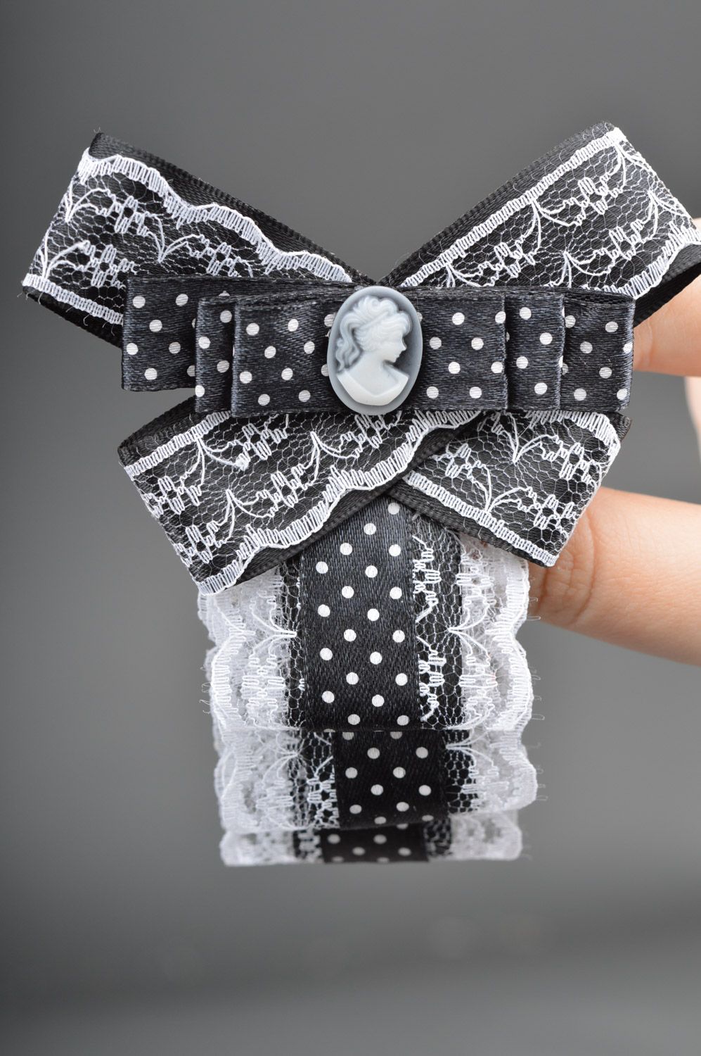 Handmade black and white polka dot fabric jabot brooch with cameo and lace photo 2