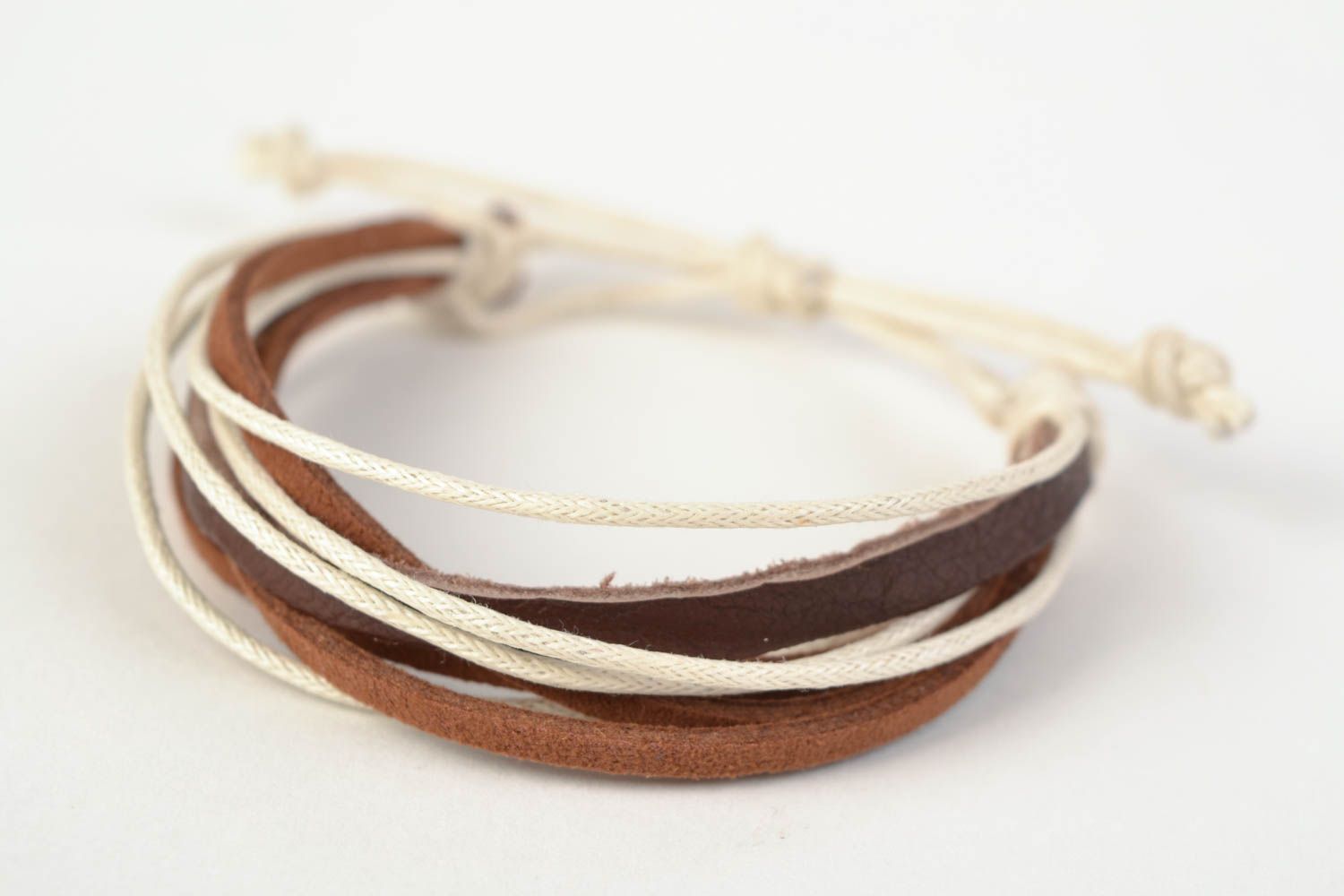 Handmade genuine leather and suede cords wrist bracelet in brown color palette photo 3