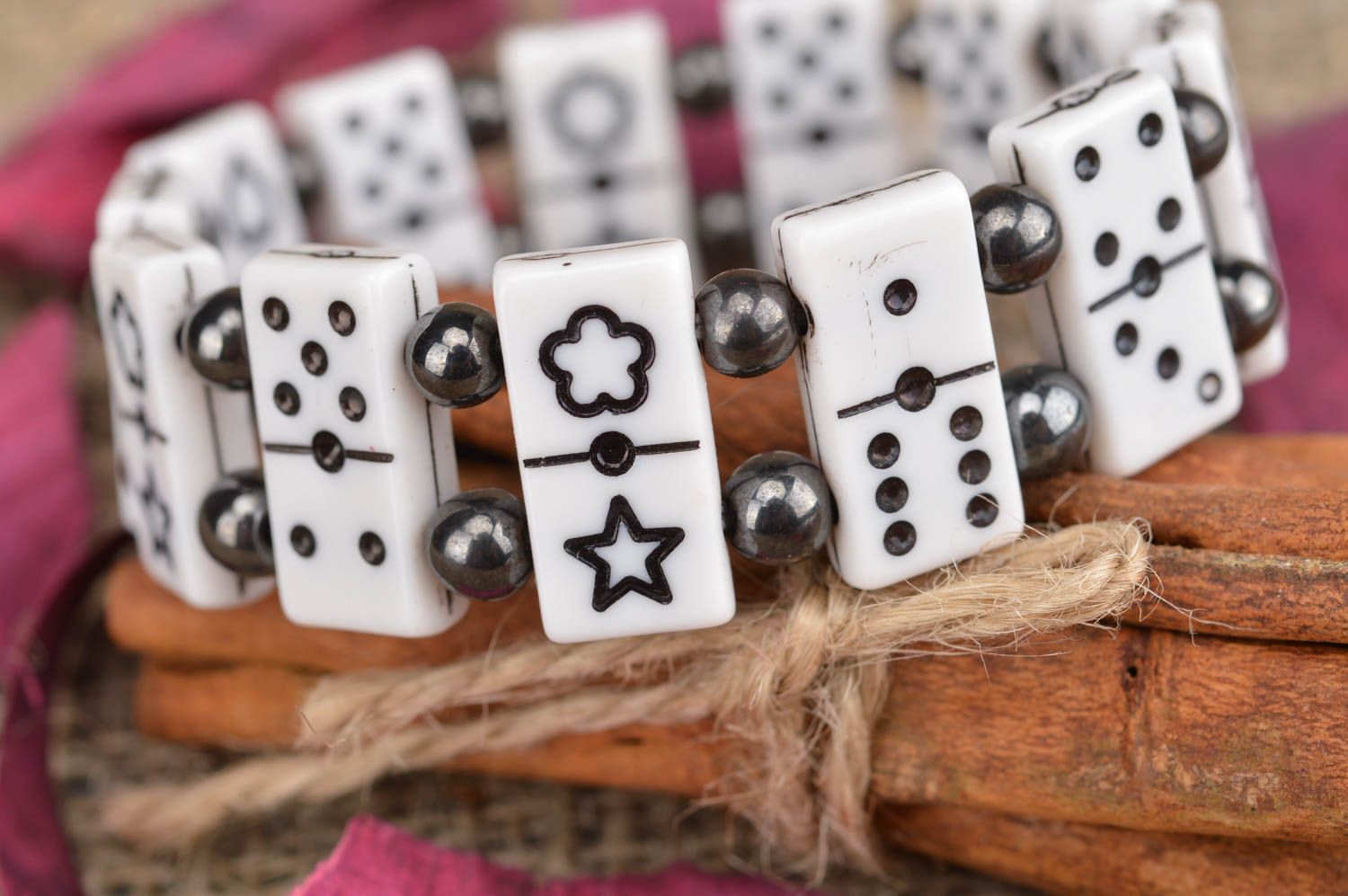 Handmade stylish bracelet made of beads black and white in shape of dominoes photo 1