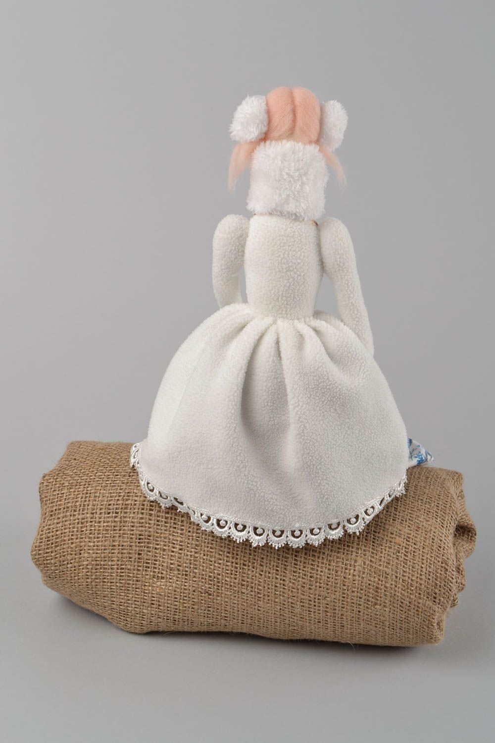 Handmade designer fabric soft doll elegant girl in white coat with muff photo 5