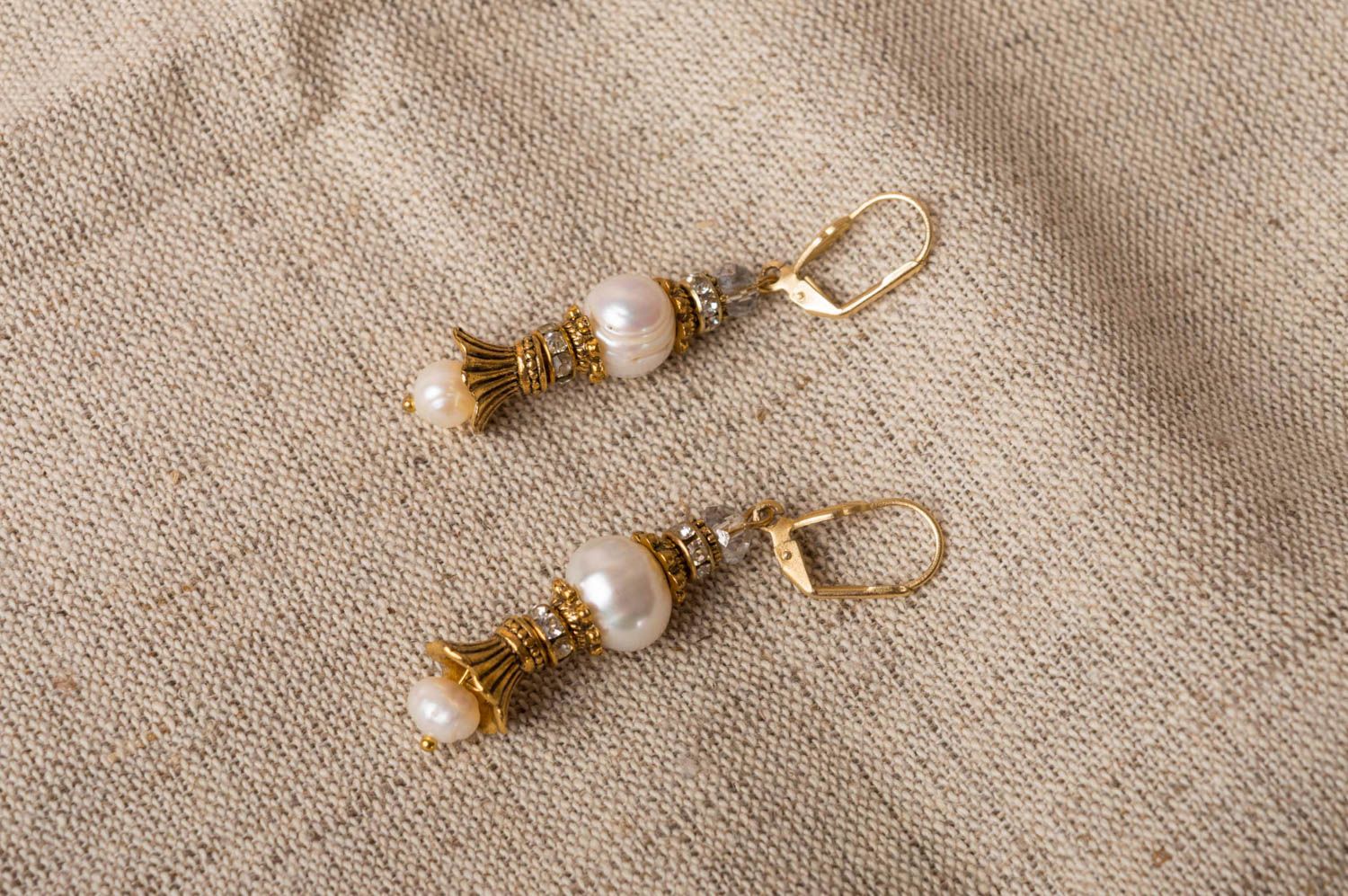 Beautiful refined handmade designer brass earrings with natural pearls  photo 1