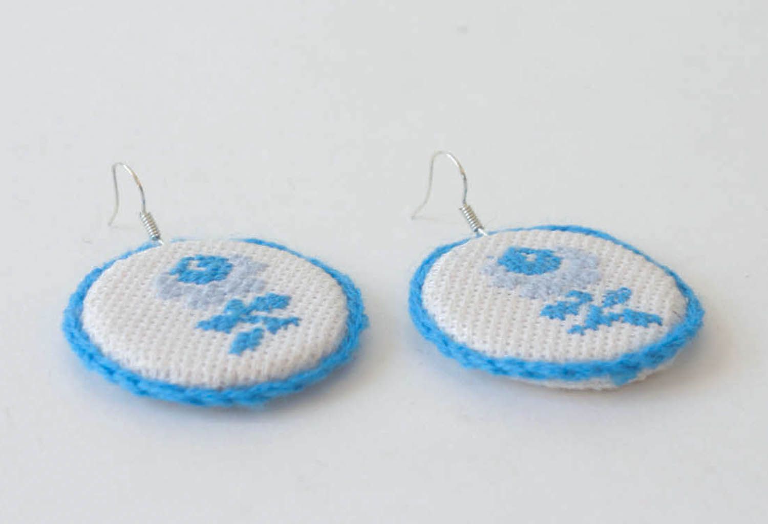 Embroidered earrings in blue colors photo 2