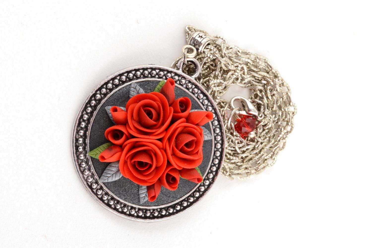 Handmade round metal pendant on chain with small polymer clay red rose flowers photo 4