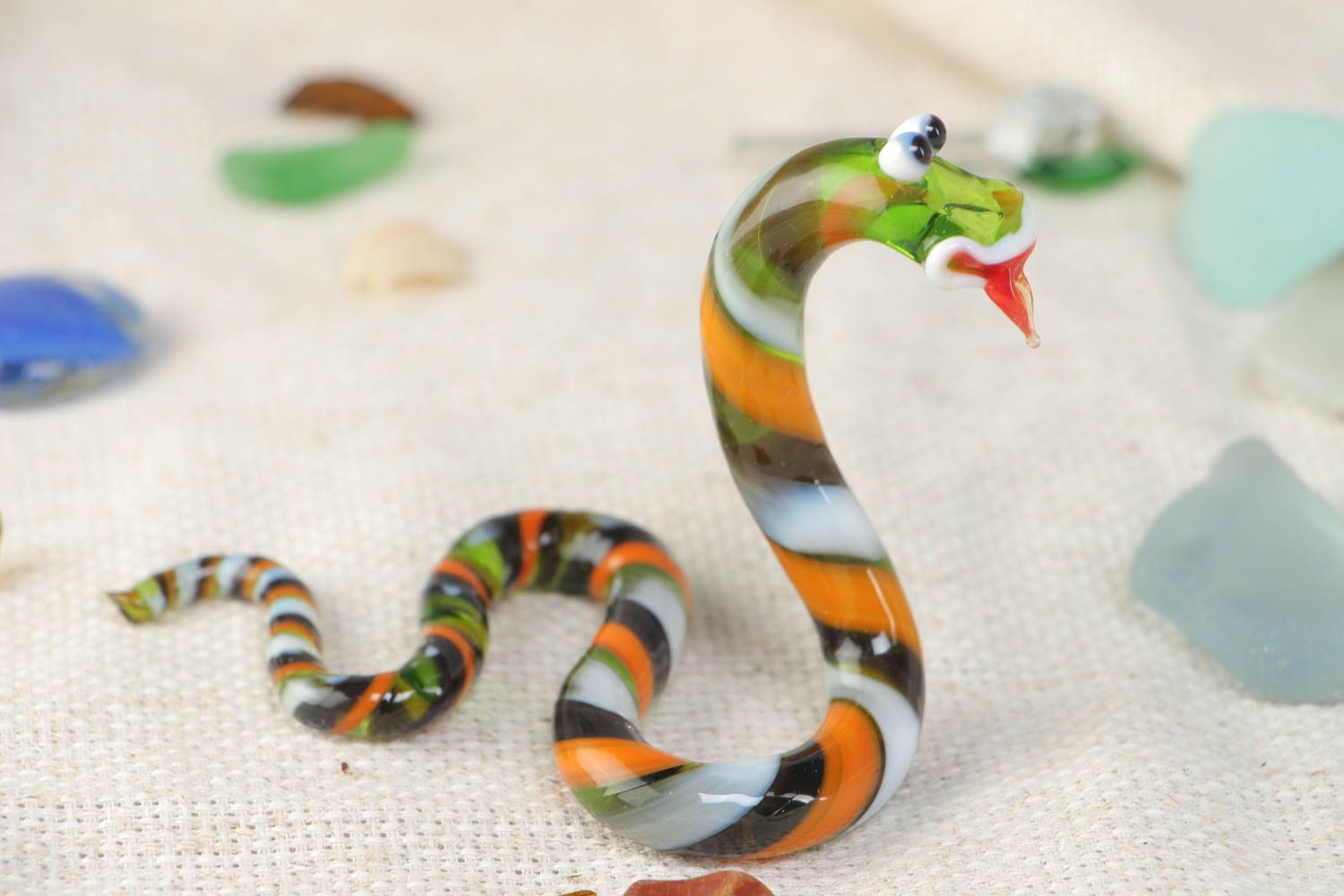 Nice funny handmade multi-colored lampwork glass figurine of snake photo 1