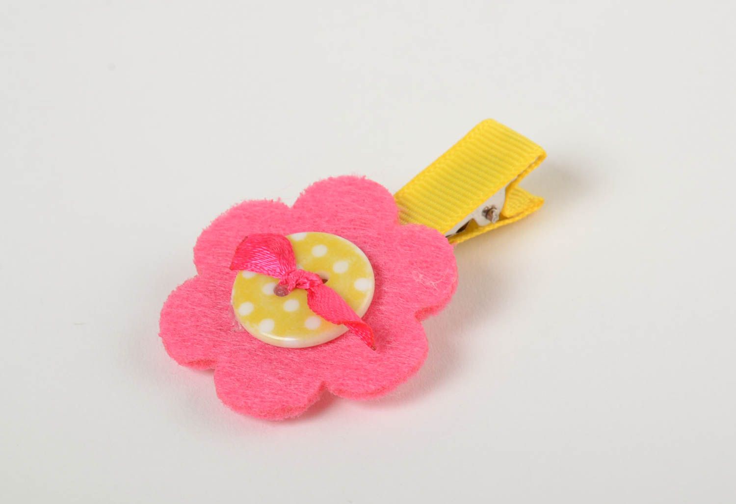 Заколка для волос из репсовой ленты и флиса детская с розовым цветочком хэндмэйд фото 2