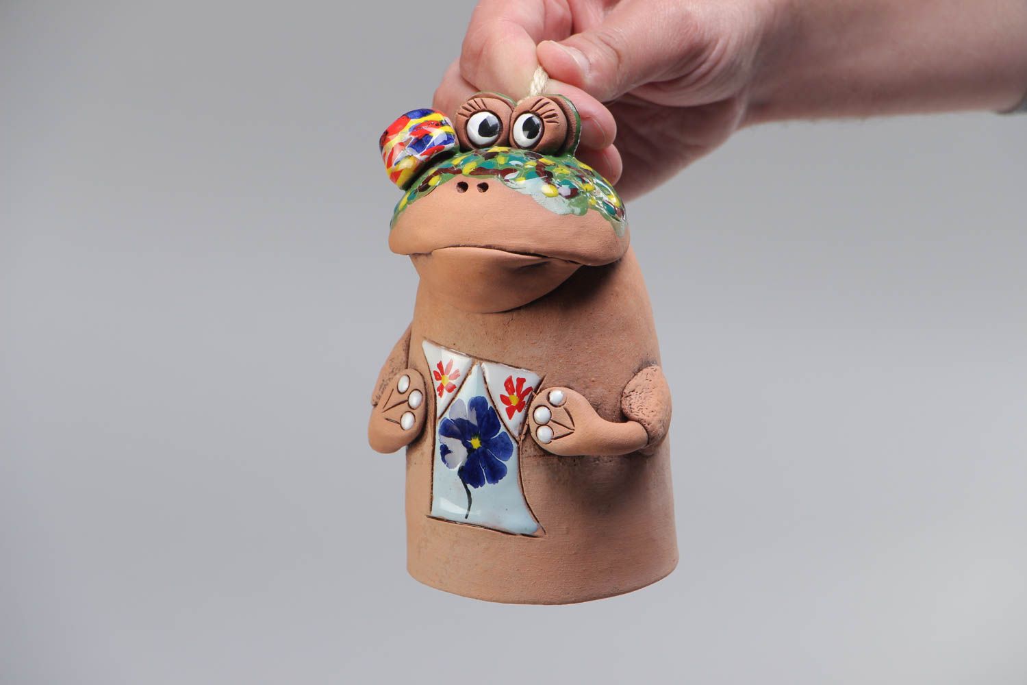 Handmade ceramic bell with painting frog beautiful designer interior element photo 5