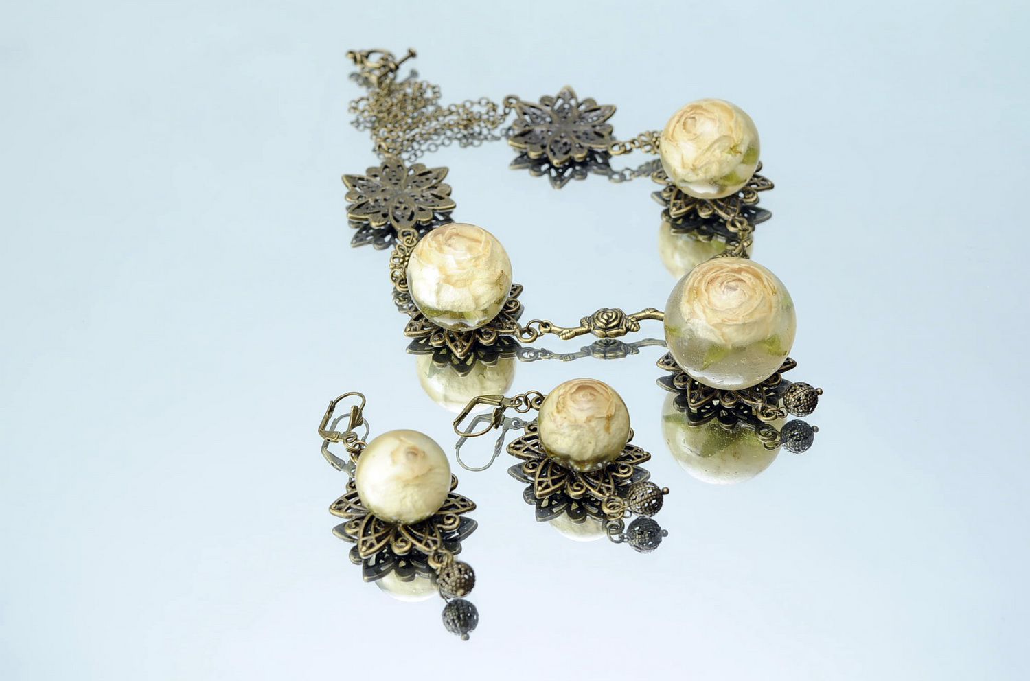 Jewelry set with epoxy resin: earrings, pendant photo 4