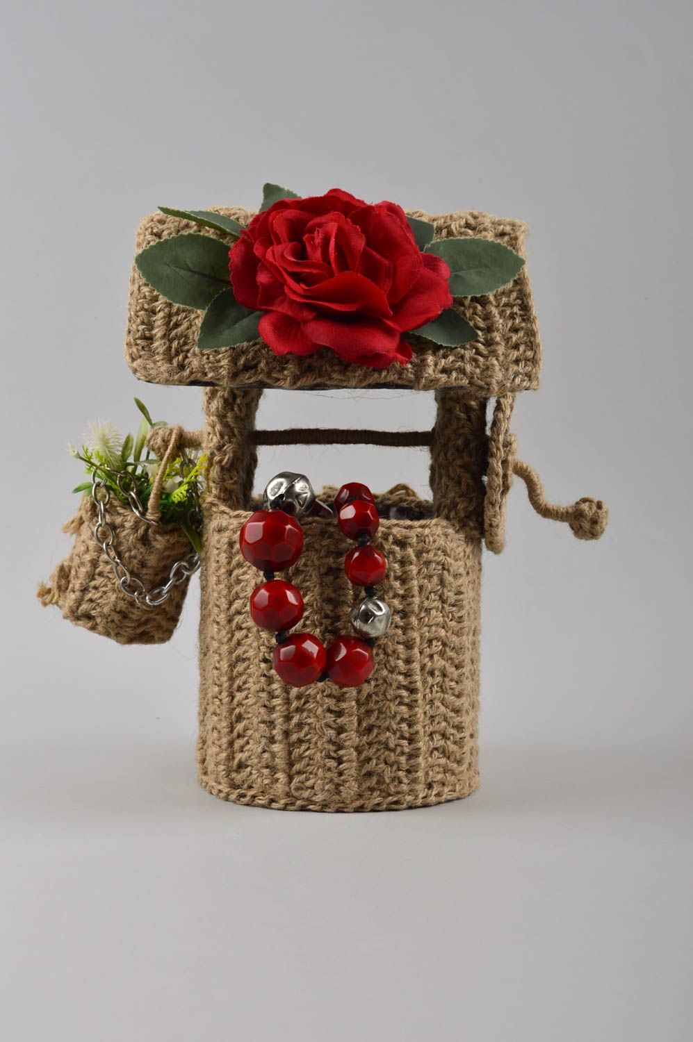 Pozo artesanal de cordel con flor roja decoración de interior regalo original foto 2