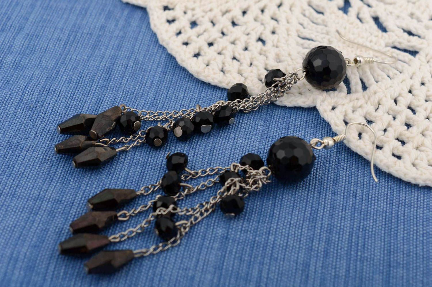 Handmade long dangle earrings with metal chains and black Czech crystal beads photo 1