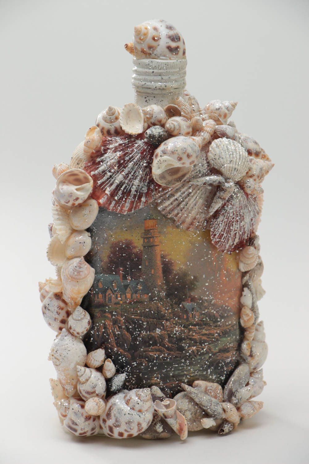 Decorative bottle with shells and decoupage pretty small handmade accessory photo 2
