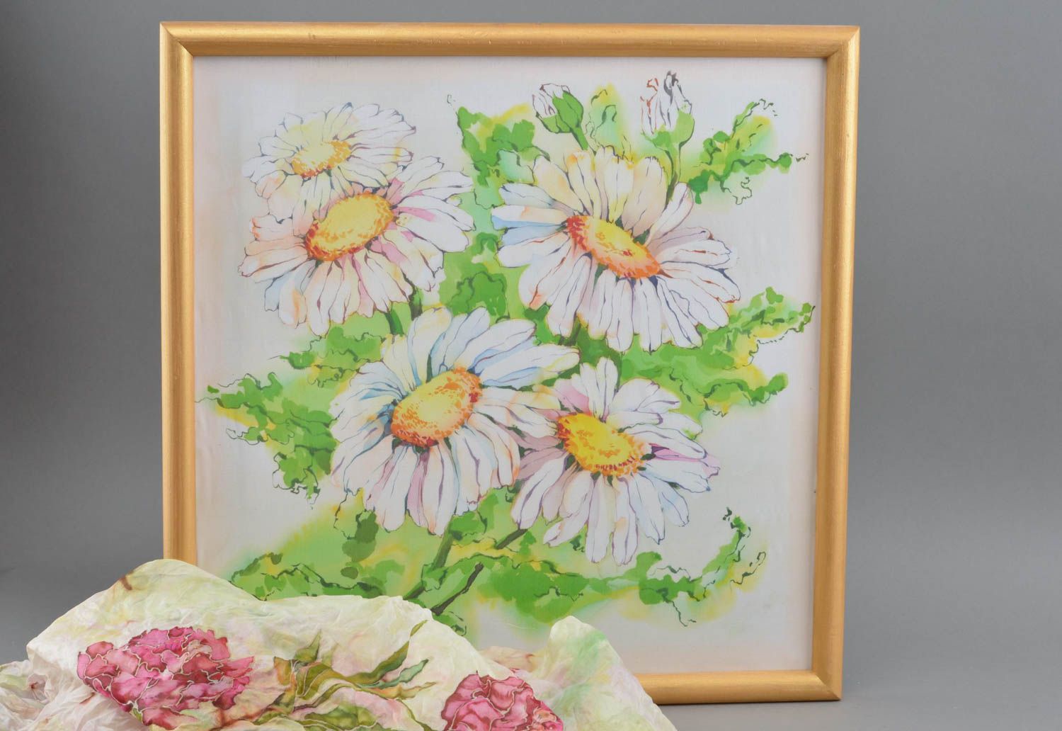 Картина с росписью по шелку красивая авторская ручной работы Утренние цветы фото 1
